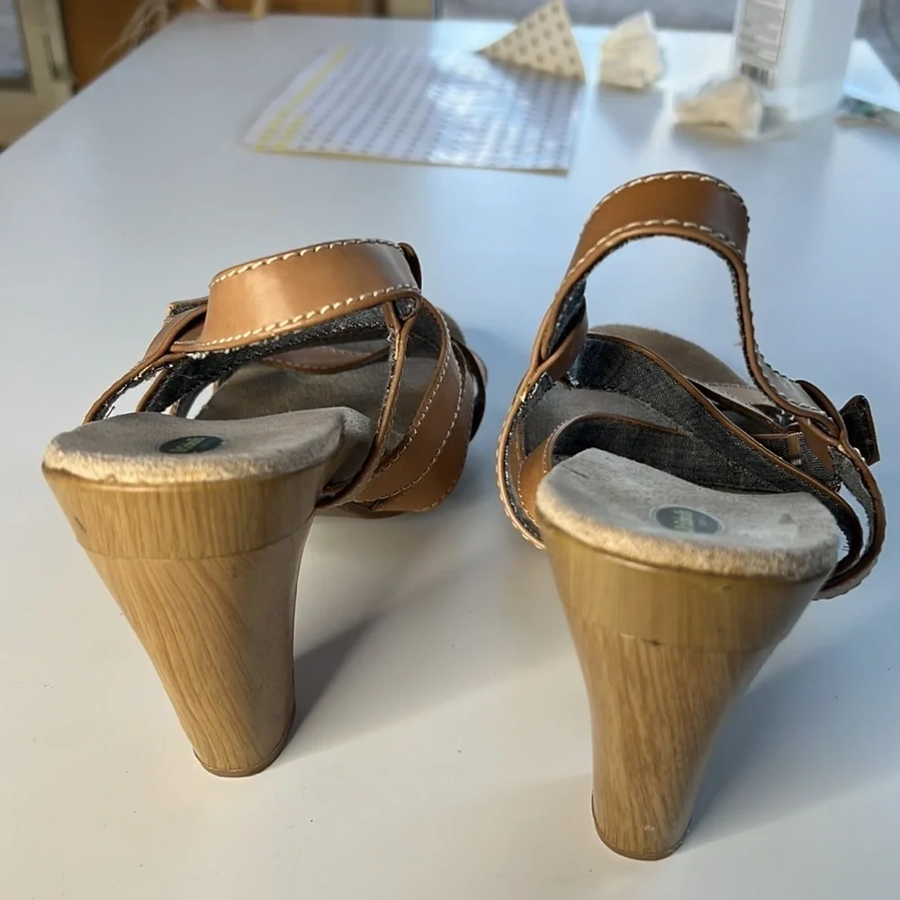 Dr. Scholl’s Band Platform Sandals Tan Leather Strappy Wooden Heel Size 10
